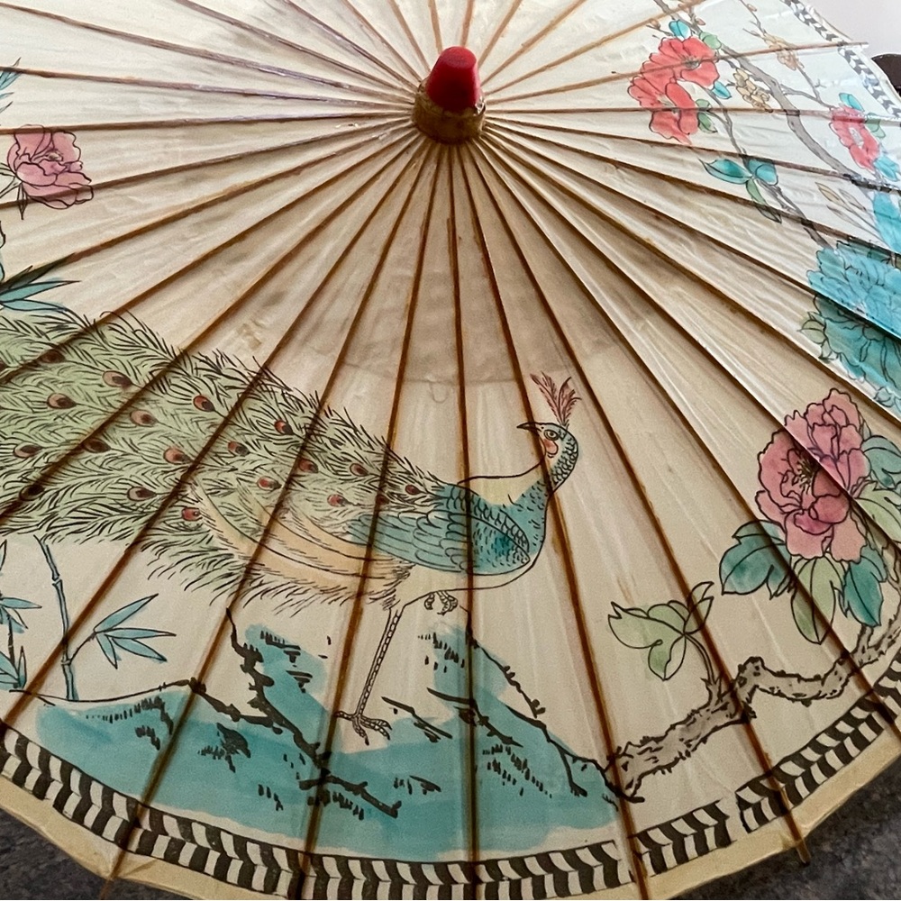Hand-Painted Japanese Bamboo Rice Paper Parasol with Peacock/Floral Design